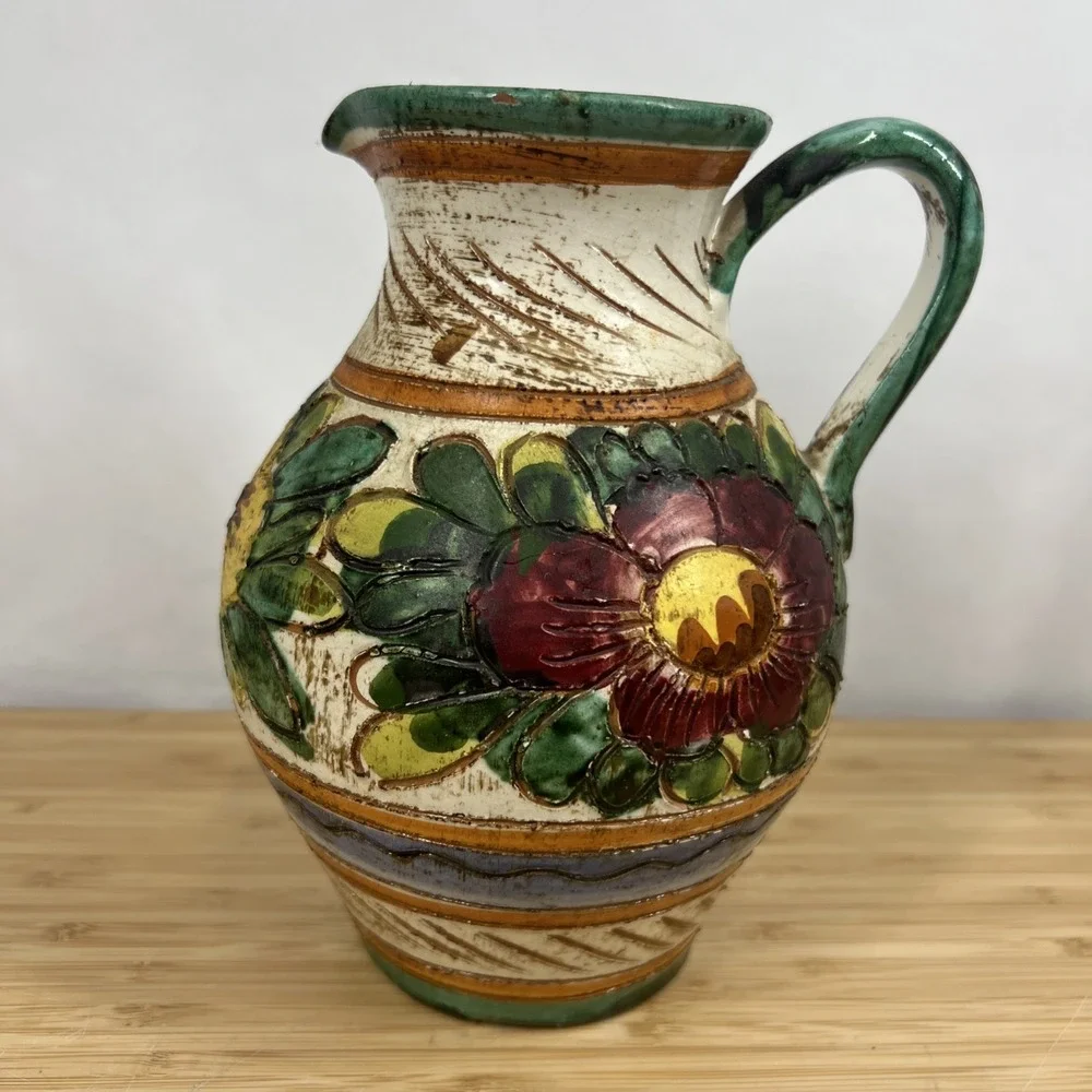 Vintage Italian Majolica Pottery Pitcher Floral Relief Vase Made In Italy VR/366